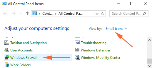 حل مشكلة المثلث الاصفر في ويندوز 10 تعطيل Firewall
