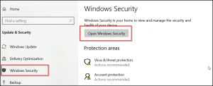 حل مشكلة خروج الألعاب على ويندوز 10 وتوقفها فجأة النقر على Windows Security